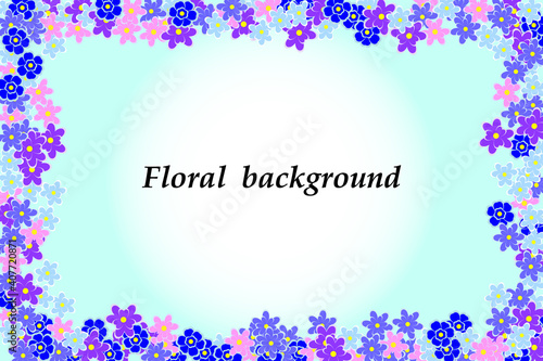 Bright decorative floral frame, abstract background of blue and pink flowers, design element