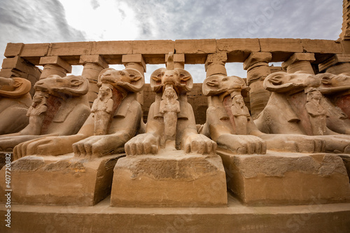 Tableau sur toile Ram-headed sphinxes or Criosphinxes in the Karnak Temple Complex in Luxor Egypt