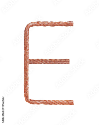 Letter E made of copper wire  isolated on white background
