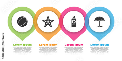 Set Beach ball, Starfish, Sunscreen spray bottle and Sun protective umbrella for beach. Business infographic template. Vector.