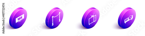 Set Isometric Screen tv with 16k, Carpet with barriers, Retro tv and Movie, film, media projector icon. Vector.