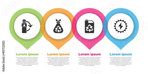 Set Recycling plastic bottle, Garbage bag with recycle, Eco fuel canister and Solar energy panel. Business infographic template. Vector.