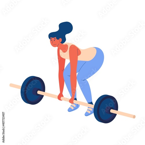 Young woman with loaded barbell training deadlifting exercise isolated on white. Healthy lifestyle cartoon illustration