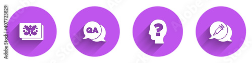 Set Rorschach test, Question and Answer, Head with question mark and Addiction to the drug icon with long shadow. Vector.