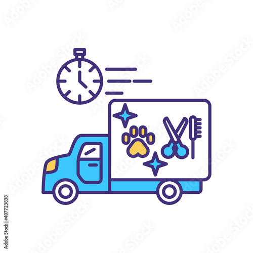 Mobile pet care service RGB color icon. Call for express professional grooming procedure at home. Domestic animal treatment. Transportation for veterinary. Isolated vector illustration