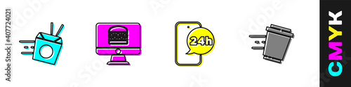 Set Online ordering noodles delivery, and, Food and Coffee cup to go icon. Vector.