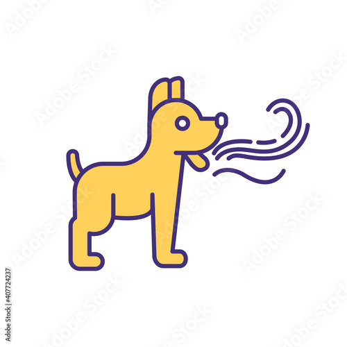 Pet bad breath RGB color icon. Pet care service. Domestic animal treatment. Dog with smelly breathing. Freshener, mouthwash for puppy. Veterinary for animals. Isolated vector illustration