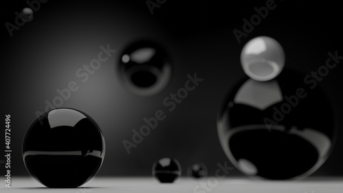 Fototapeta Naklejka Na Ścianę i Meble -  A shinning black pearl on white floor with blur back and white pearl in background (3D Rendering)