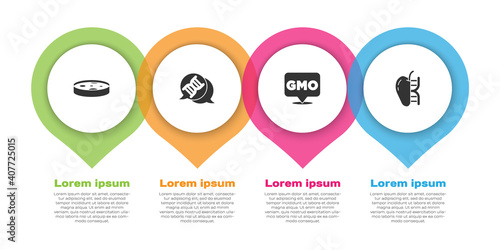 Set Petri dish with bacteria, DNA symbol, GMO and Genetically modified apple. Business infographic template. Vector.