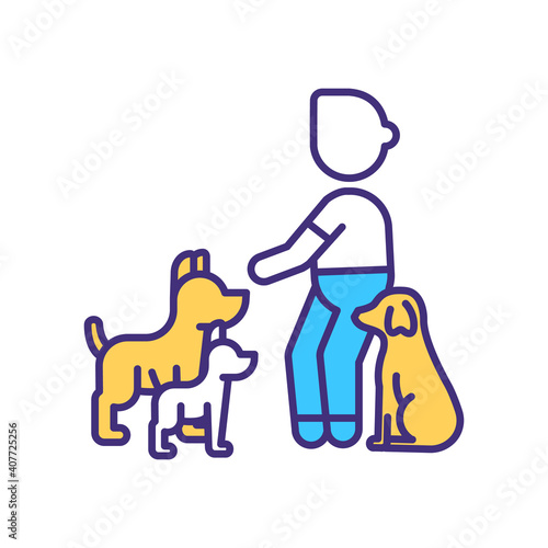 Dog trainer RGB color icon. Discipline puppy. Command from couch to doggy. Lesson for canine. Taming, behavioural training. Pet service. Domestic animal treatment. Isolated vector illustration
