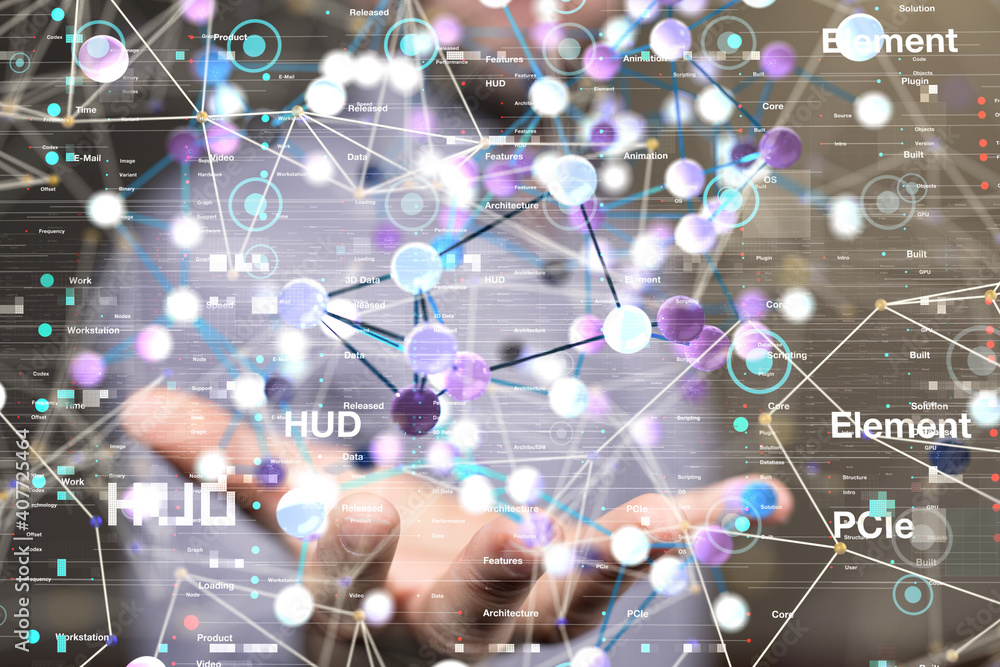 cloud connected to many objects on a virtual screen. cloud connected to many objects on a virtual screen.