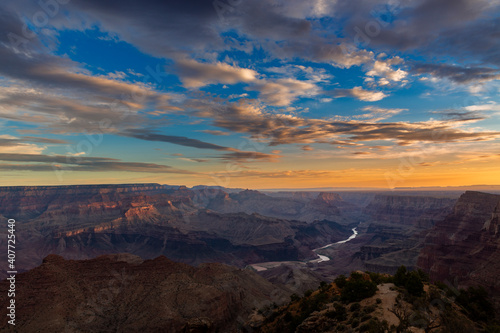Scenic view of the Grand Canyon and the Colorado River from the Desert View viewpoint  in the Grand Canyon National Park  at sunrise  in the State of Arizona  USA