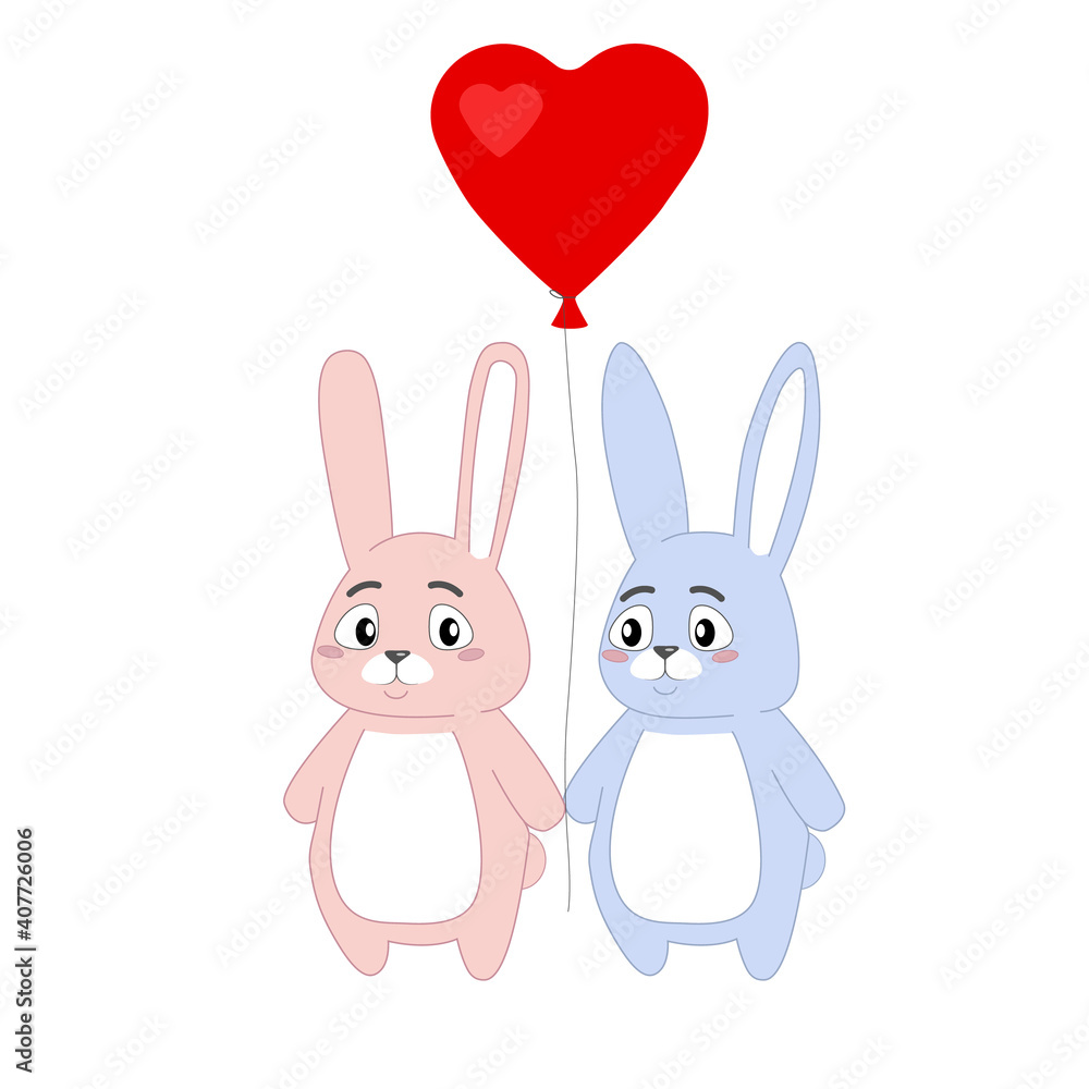 Obraz premium Two rabbits pink and blue on a white background. Heart shaped balloon.