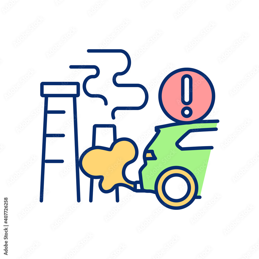Air pollution from industrial emission RGB color icon. Environmental danger. CO2 gas, city smog. Carbon footprint. Unhealthy environment. Need of sustainable development. Isolated vector illustration