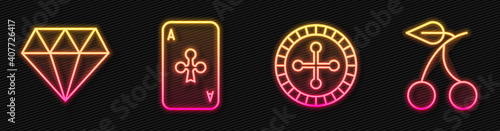 Set line Casino roulette wheel, Diamond, Playing card with clubs and Casino slot machine with cherry. Glowing neon icon. Vector.