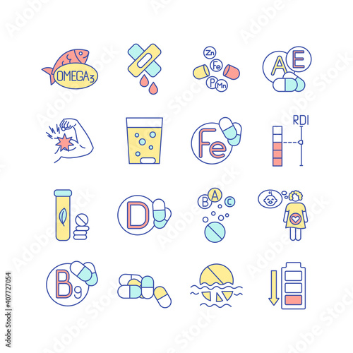Vitamin supplements RGB color icons set. Multivitamin, multimineral pharmaceutical intake. Health care. Dietary and nutritionology. Vitamin, mineral deficiency symptom. Isolated vector illustrations