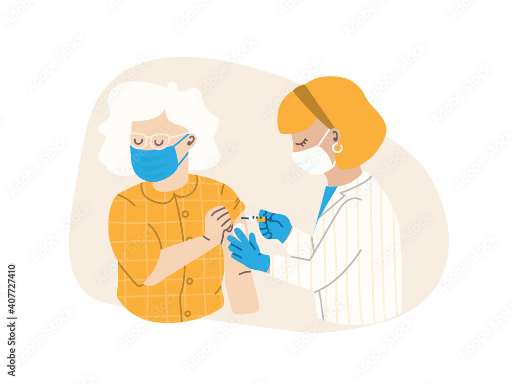 The doctor or nurse injects the vaccine. The patient is an elderly woman. Flu vaccination concept, сoronavirus vaccine. Vector flat illustration EPS 10.