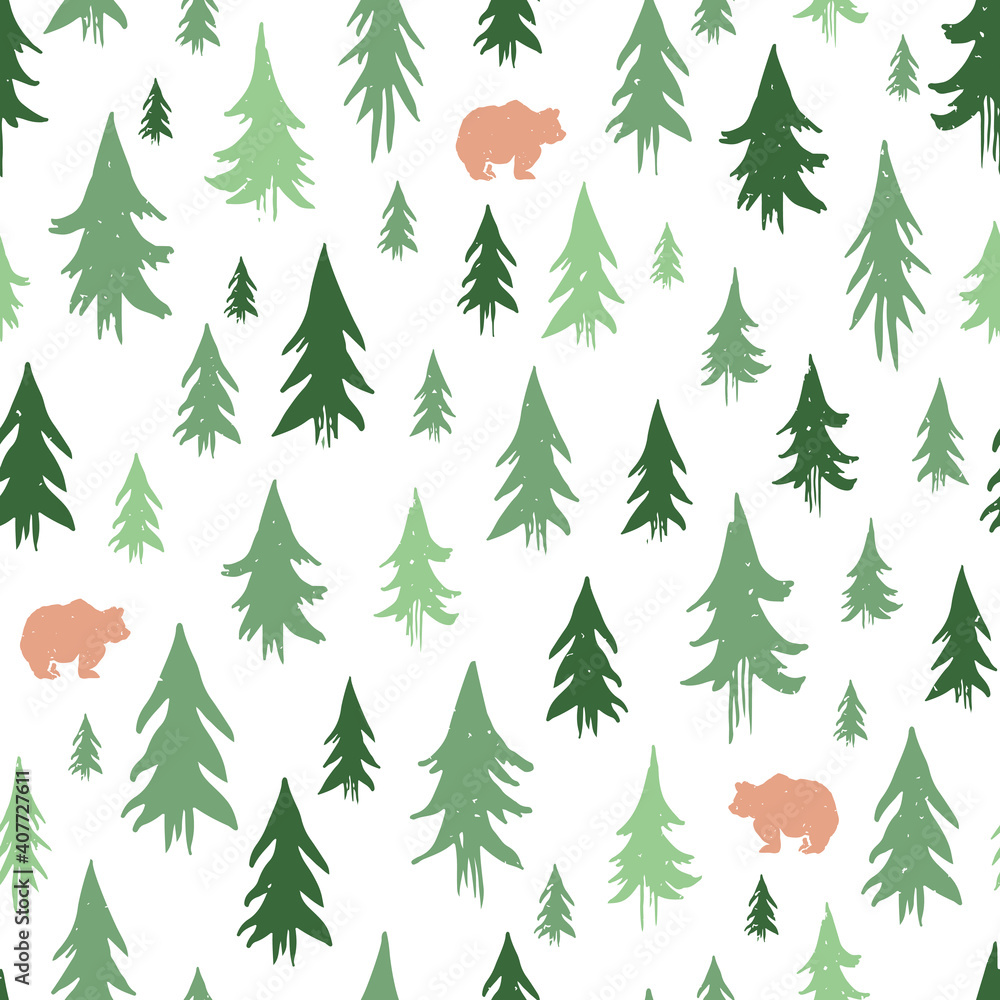 Hand-drawn forest silhouettes seamless pattern with bears.