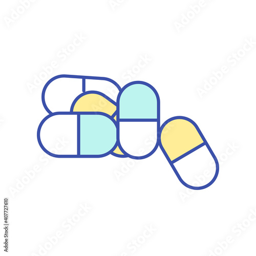 Medicament RGB color icon. Pills and tablet. Painkillers for pharmaceutical intake. Drugs for health care. Capsules to cure disease. Diet supplement. Nutritionology. Isolated vector illustration