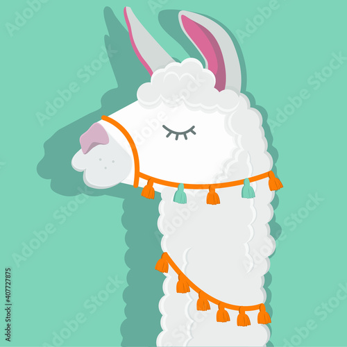 Vector illustration of a fluffy alpaca. Template for postcards, banners, websites and printing houses with the image of a funny llama on a blue background in an ethnic outfit with tassels.