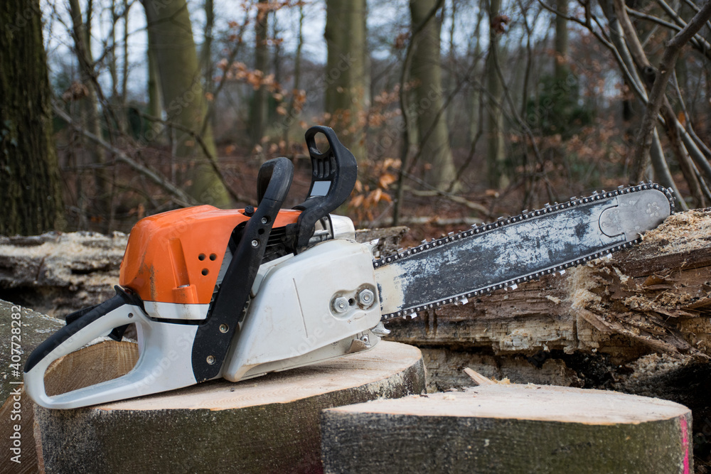 White and orange chainsaw on tree trunk. Dangerous work tools. Woodcutter equipment lumber industry. Professional tools lumber worker. Forest background. 
