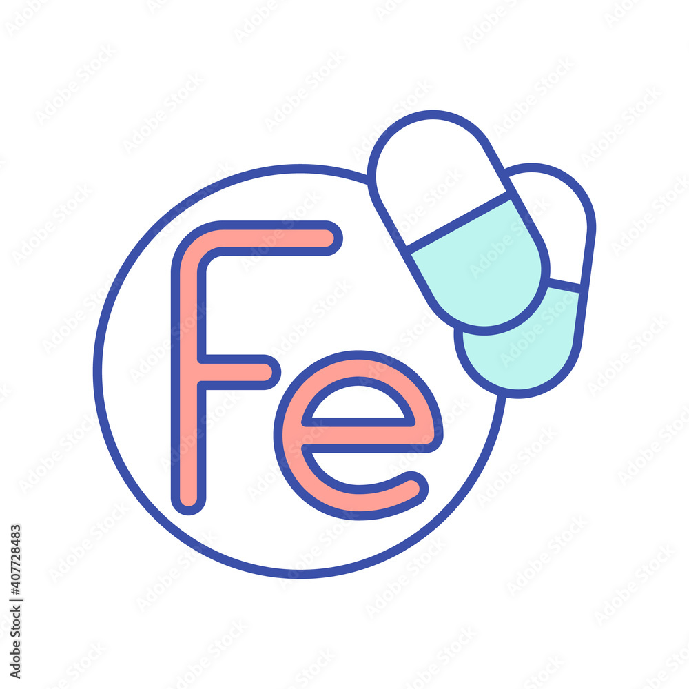 Fe vitamin RGB color icon. Multivitamin complex. Mineral in medicament. Pill, pharmaceutical treatment. Diet supplement for healthy eating. Dietary and nutritionology. Isolated vector illustration Fe vitamin RGB color icon. Multivitamin complex. Mineral in medicament. Pill, pharmaceutical treatment. Diet supplement for healthy eating. Dietary and nutritionology. Isolated vector illustration
