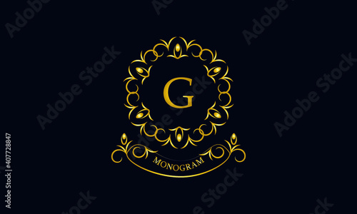 Stylish decorative monogram with a possible inscription and the letter G. Exclusive gold logo on a dark background for a cafe, a symbol of business, restaurant, hotel, invitations, menus, labels, fash