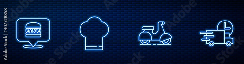 Set line Scooter delivery, Online ordering burger, Chef hat and Fast by car. Glowing neon icon on brick wall. Vector.
