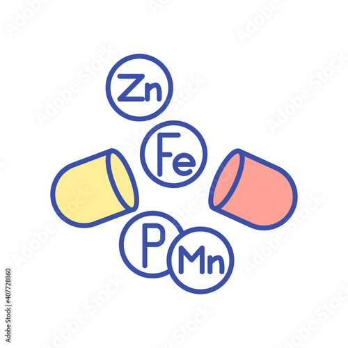 Multivitamin supplement RGB color icon. Multi mineral complex for healthy diet. Health care. Medicament, pills. Nutrient, nourishment complex. Dietary and nutritionology. Isolated vector illustration