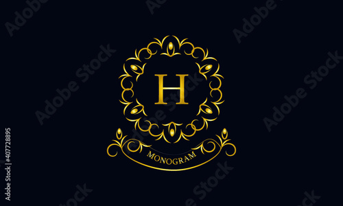 Stylish decorative monogram with a possible inscription and the letter H. Exclusive gold logo on a dark background for a cafe, a symbol of business, restaurant, hotel, invitations, menus, labels, fash