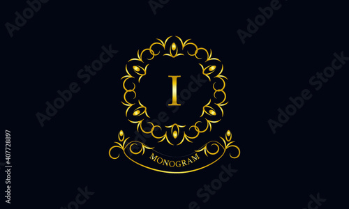 Stylish decorative monogram with a possible inscription and the letter I. Exclusive gold logo on a dark background for a cafe, a symbol of business, restaurant, hotel, invitations, menus, labels, fash