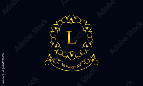 Stylish decorative monogram with a possible inscription and the letter L. Exclusive gold logo on a dark background for a cafe, a symbol of business, restaurant, hotel, invitations, menus, labels, fash