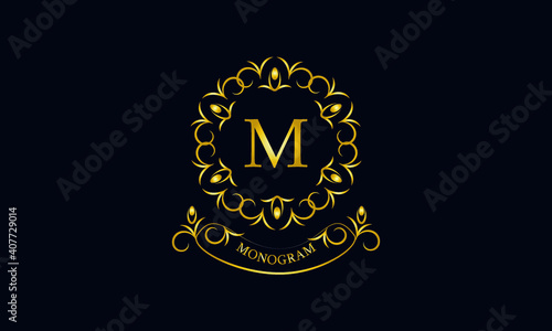 Stylish decorative monogram with a possible inscription and the letter M. Exclusive gold logo on a dark background for a cafe, a symbol of business, restaurant, hotel, invitations, menus, labels, fash