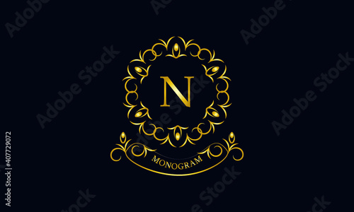 Stylish decorative monogram with a possible inscription and the letter N. Exclusive gold logo on a dark background for a cafe, a symbol of business, restaurant, hotel, invitations, menus, labels, fash