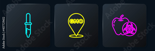 Set line Pipette, Genetically modified apple and GMO. Black square button. Vector.