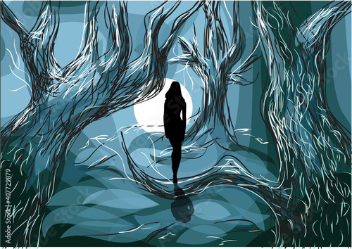 woman walking dark park