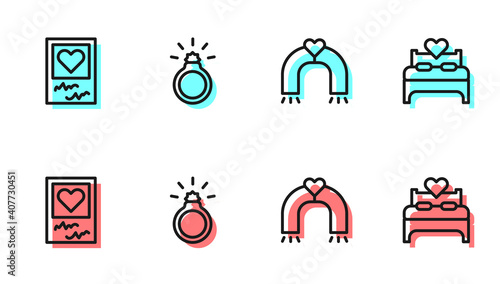 Set line Love magnet, Photo frames and hearts, Diamond engagement ring and Bedroom icon. Vector.