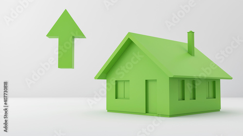 3D render visualization with house for real estate offer, growth theme abstract background, with green arrow, increase idea, contrast, mockup, advertising product, shades, for sale, perspective view 
