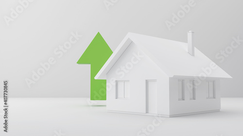 3D render visualization with house model for real estate, growth theme abstract background, with green arrow, growing prices of houses idea