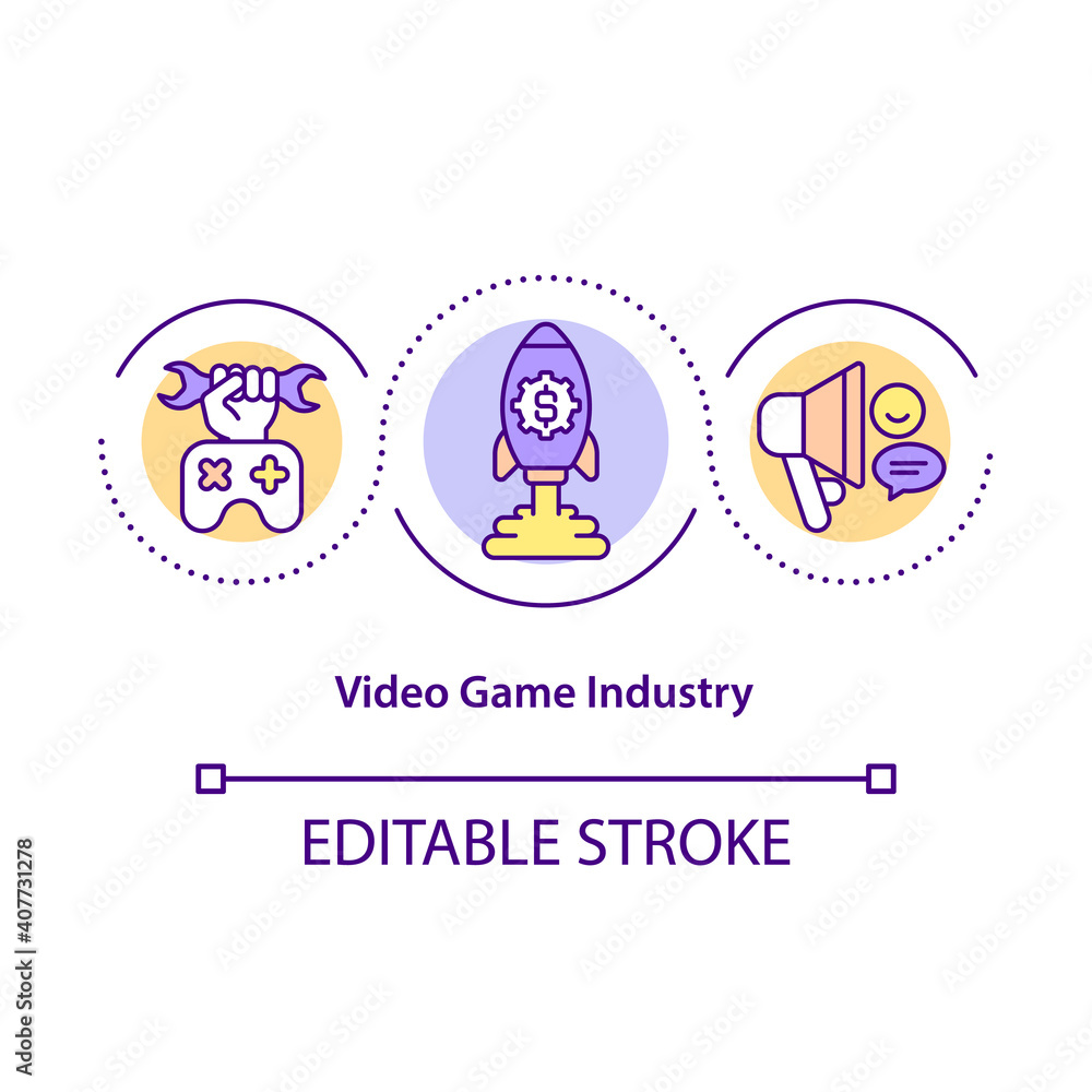 Video game industry concept icon. Videogames development and marketing idea thin line illustration. Global console games market. Vector isolated outline RGB color drawing. Editable stroke Video game industry concept icon. Videogames development and marketing idea thin line illustration. Global console games market. Vector isolated outline RGB color drawing. Editable stroke