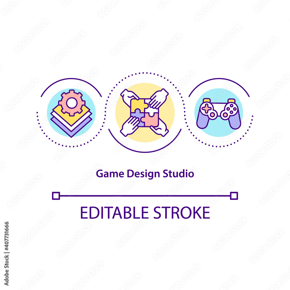 Game design studio concept icon. Creating incredible game experiences idea thin line illustration. Videogames development and marketing. Vector isolated outline RGB color drawing. Editable stroke Game design studio concept icon. Creating incredible game experiences idea thin line illustration. Videogames development and marketing. Vector isolated outline RGB color drawing. Editable stroke