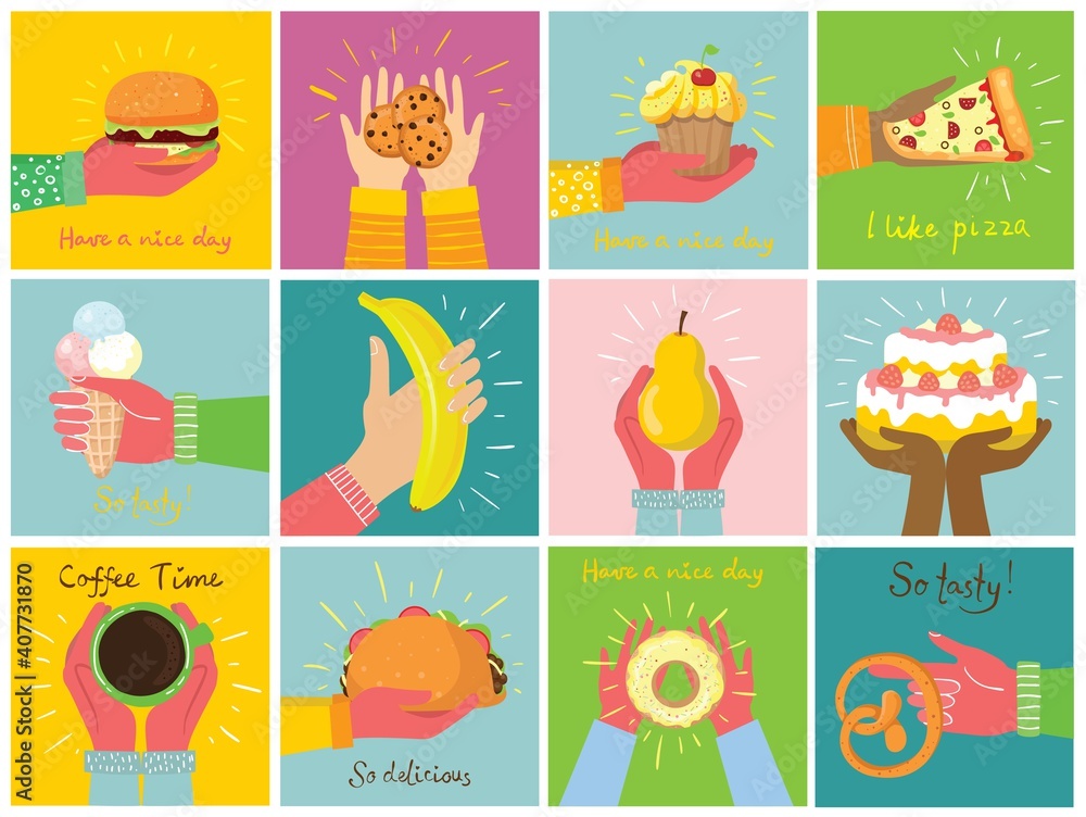 Fototapeta premium Hand-drawn illustrations of cakes, and baked desserts, coffee and other