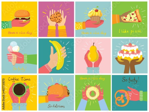 Hand-drawn illustrations of cakes, and baked desserts, coffee and other