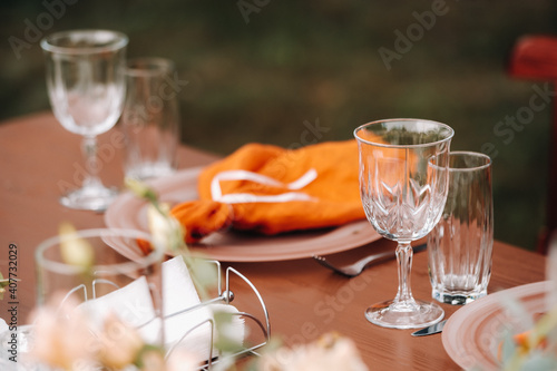 wedding table decoration with flowers on the table, dinner table decor photo