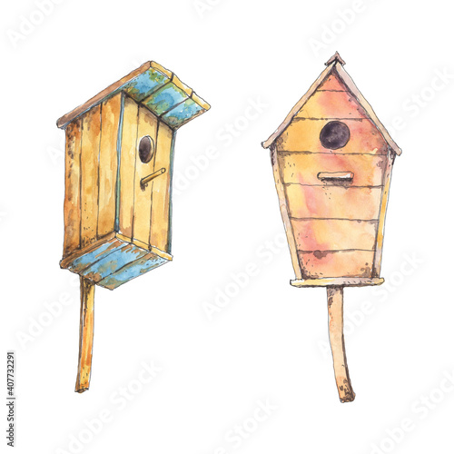 Birdhouses hand drawn in watercolor. Spring design elements.
