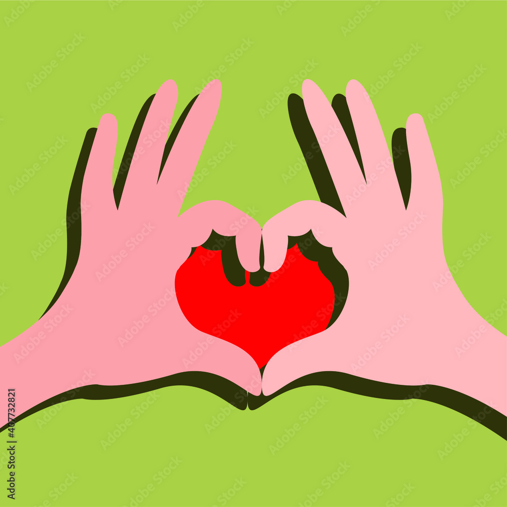 Fototapeta premium vector flat design illustration on the theme of love and Valentine's Day. a person declares his love with a folded heart sign. can be used as a card with a declaration of love, web design element.