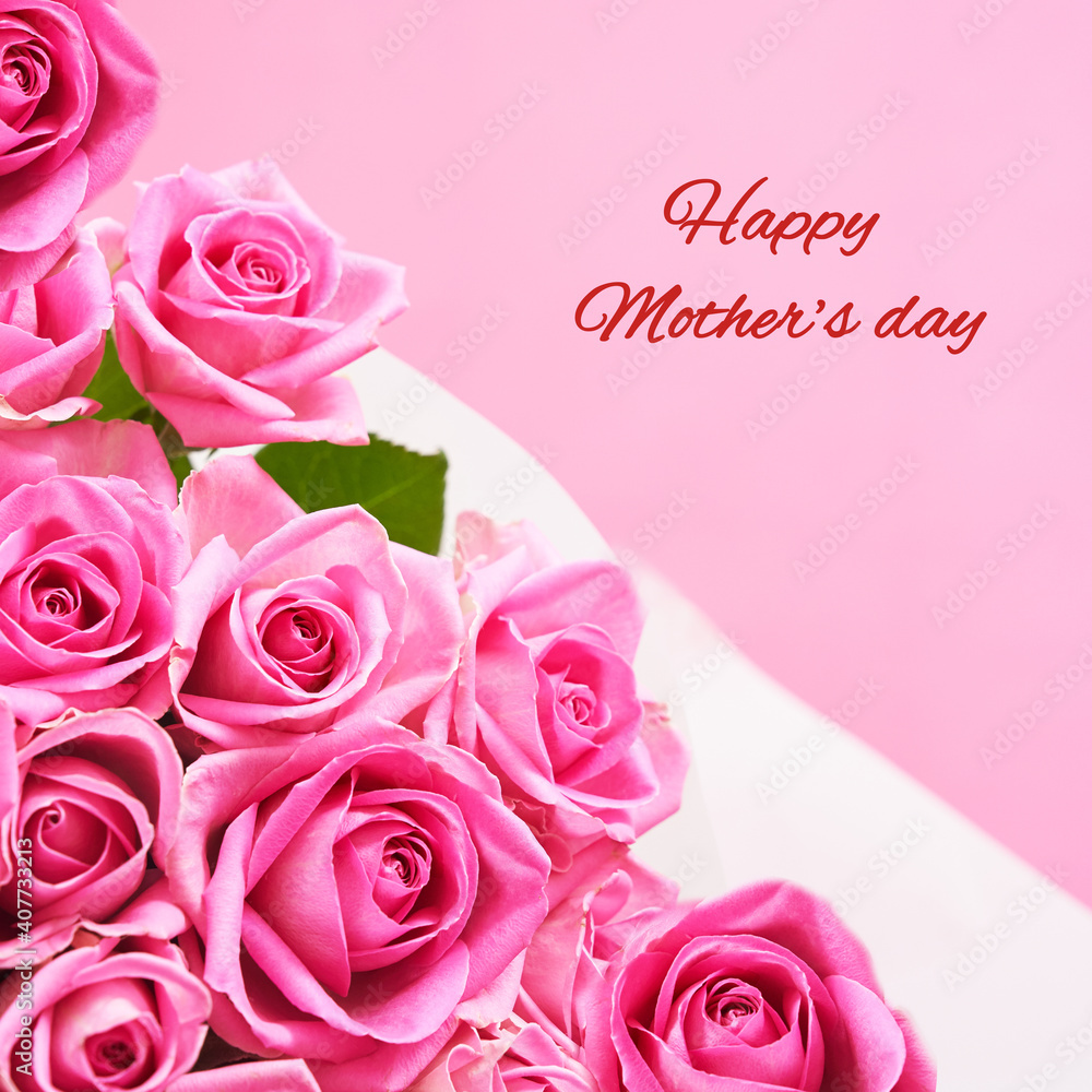 Greeting card with beautiful pink roses with text Happy mother's day. High quality photo