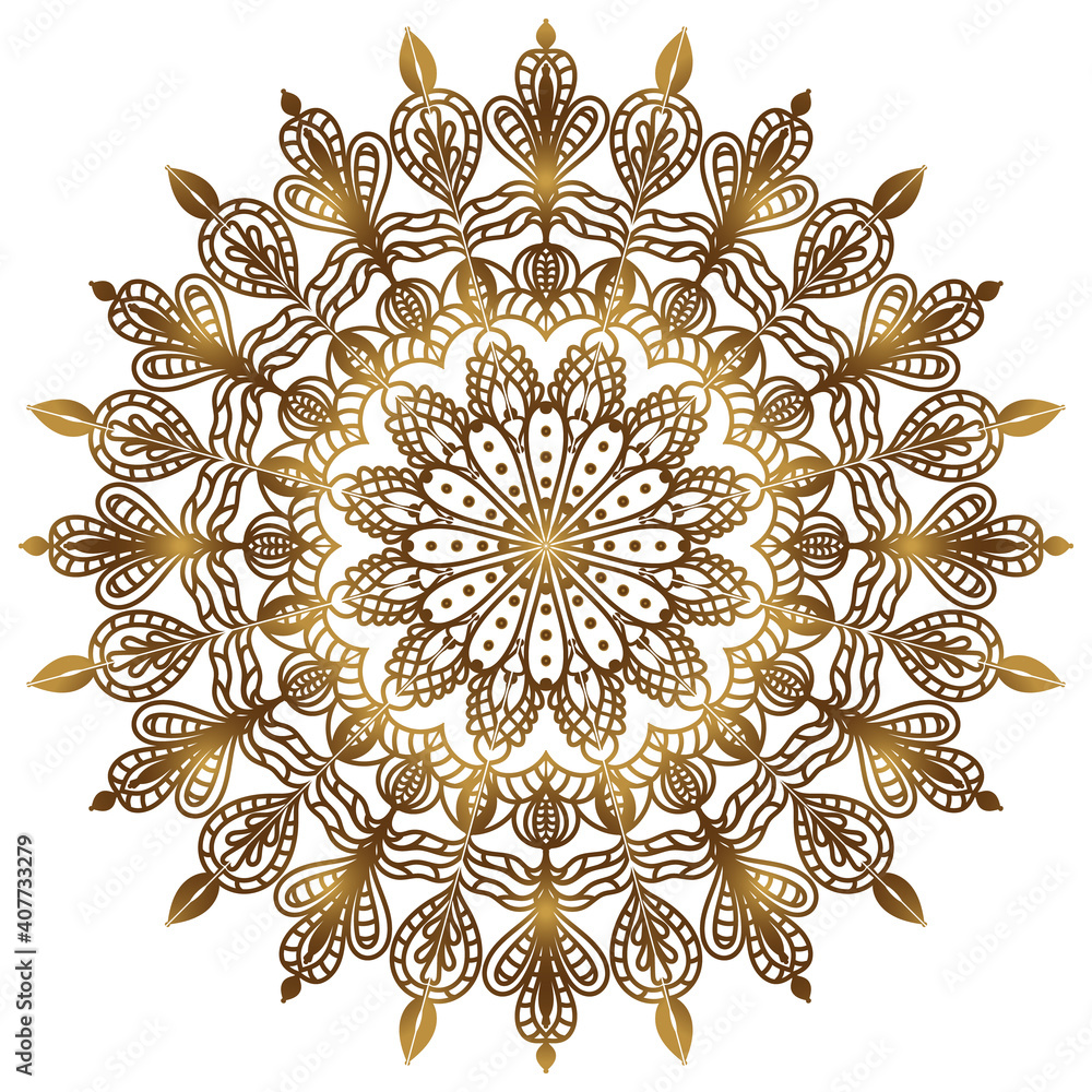 Golden mandala on a white background. Vector graphic ornament. Ethnic pattern.