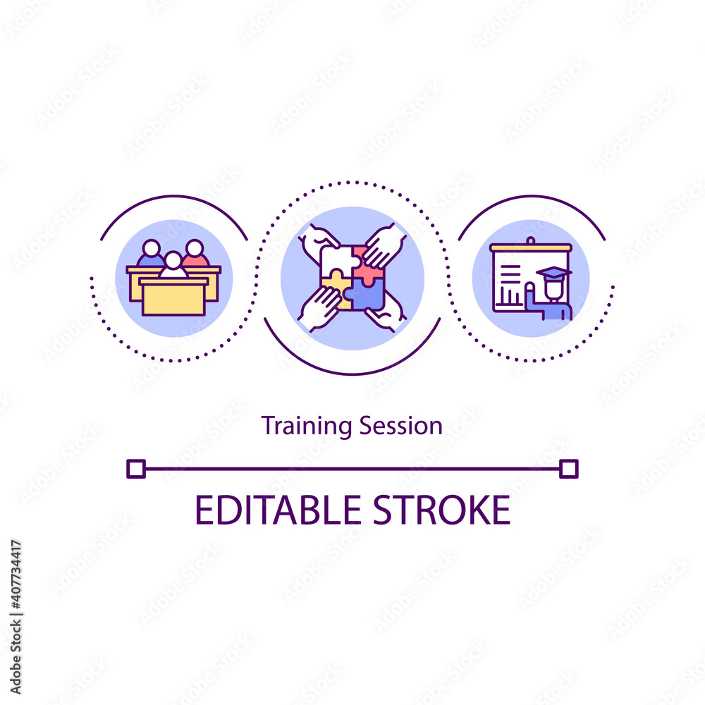 Training session concept icon. Giving new information for your employees. Upgrading productivity idea thin line illustration. Vector isolated outline RGB color drawing. Editable stroke Training session concept icon. Giving new information for your employees. Upgrading productivity idea thin line illustration. Vector isolated outline RGB color drawing. Editable stroke