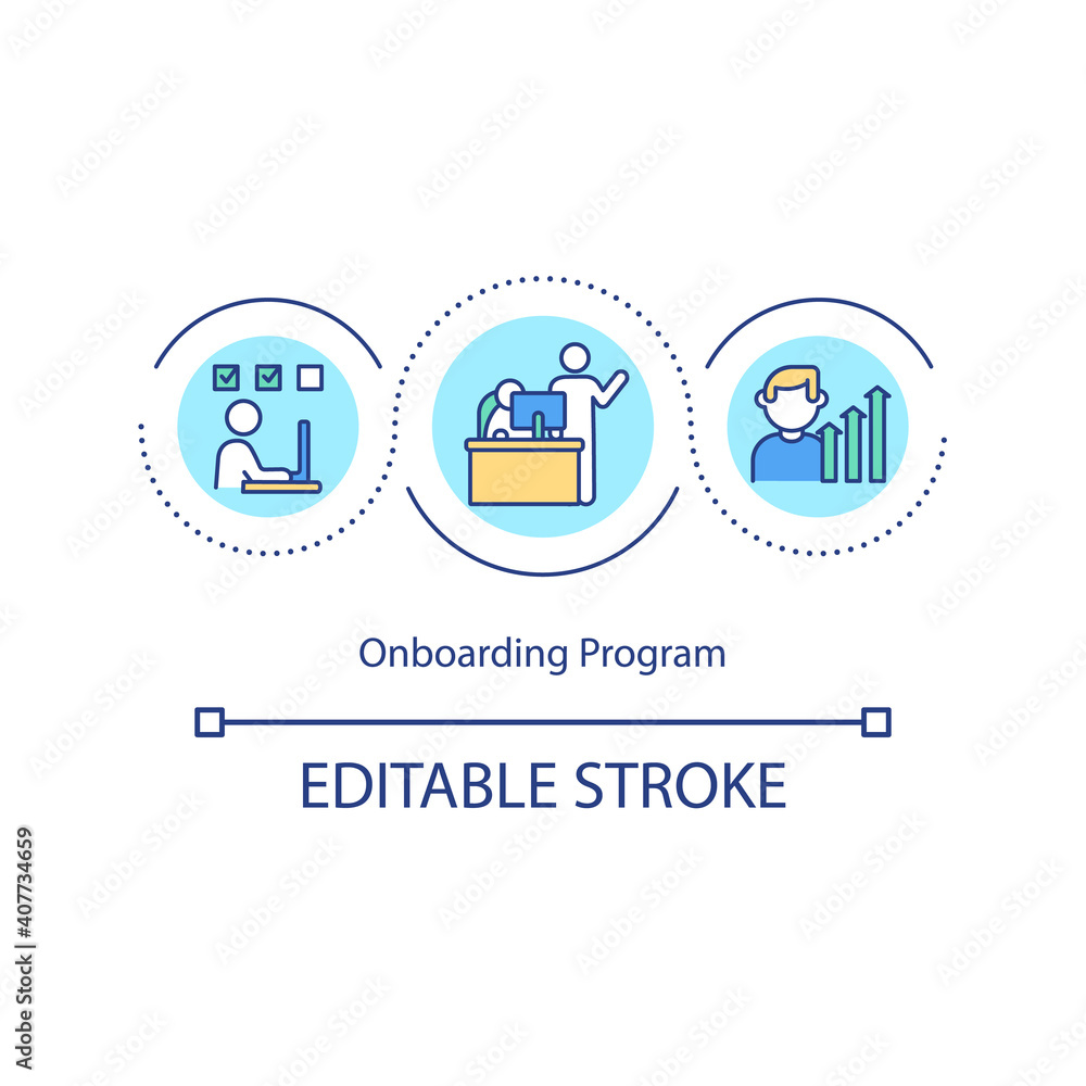 Onboarding program concept icon. Giving employee ll information on start of career. Important skills idea thin line illustration. Vector isolated outline RGB color drawing. Editable stroke
